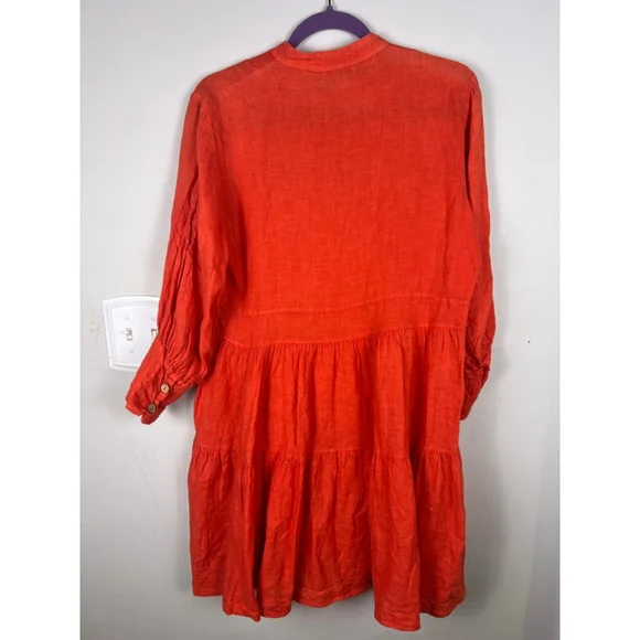 Made in Italy 100% Linen Dress Coral/Orange Tiered Button Front One Size Resort - Picture 7 of 7